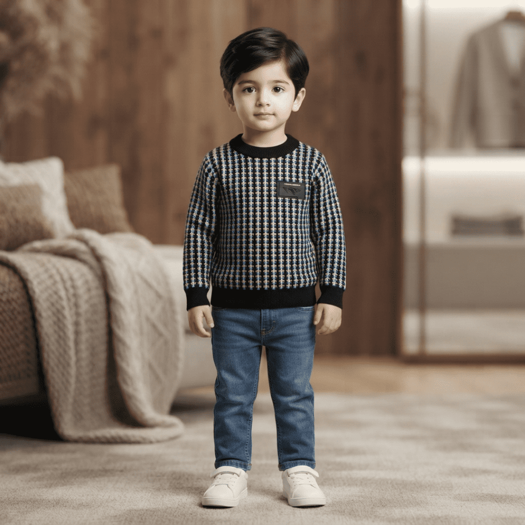 Black & Blue Checkered Knit Sweater for Boys