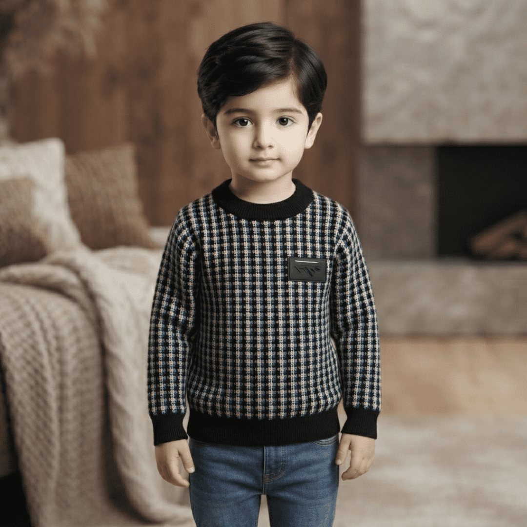 Black & Blue Checkered Knit Sweater for Boys