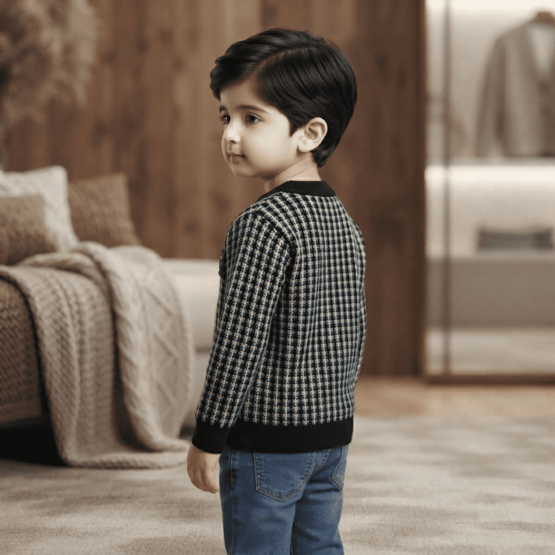 Black & Blue Checkered Knit Sweater for Boys