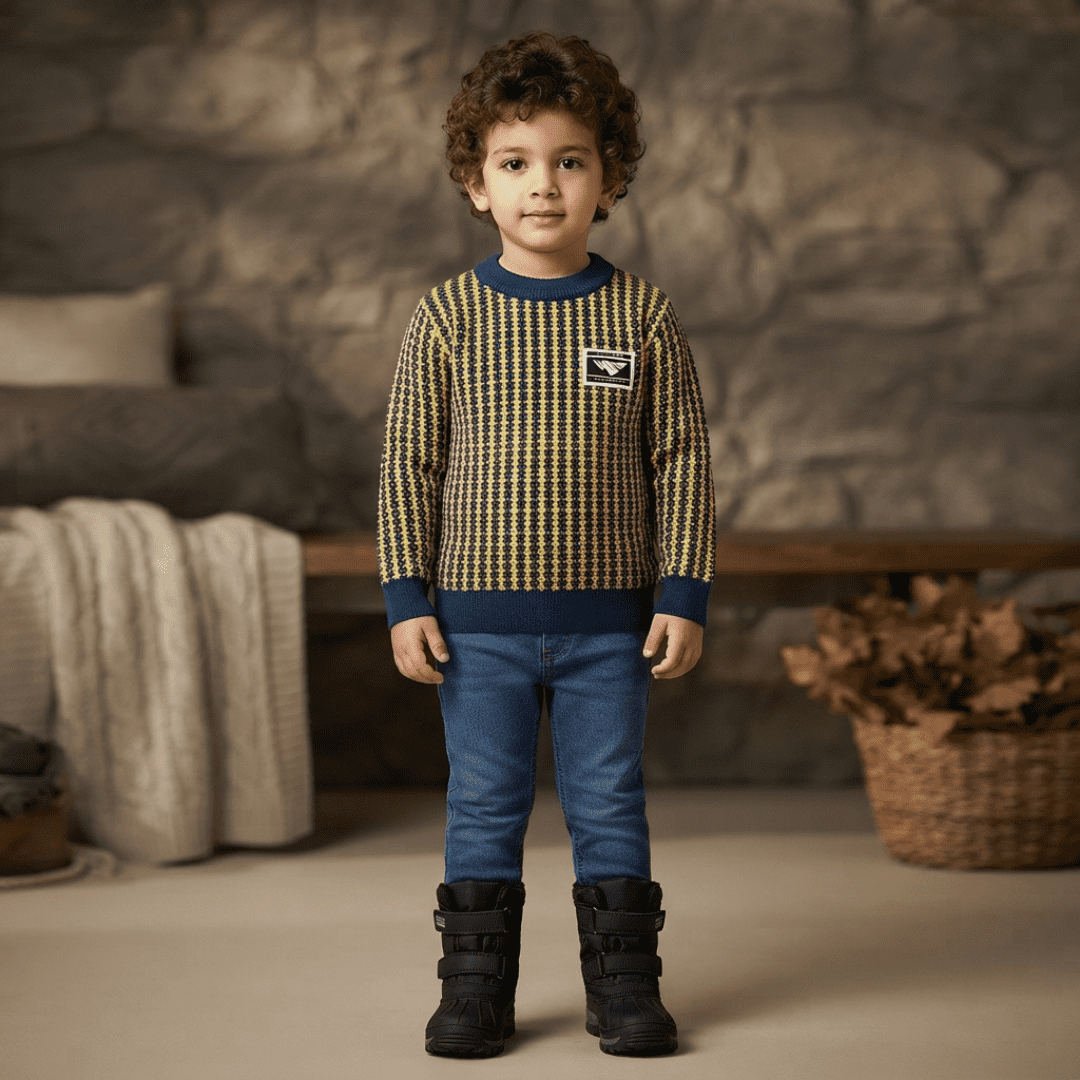 Olive Green & Navy Blue Striped Knit Sweater for Boys