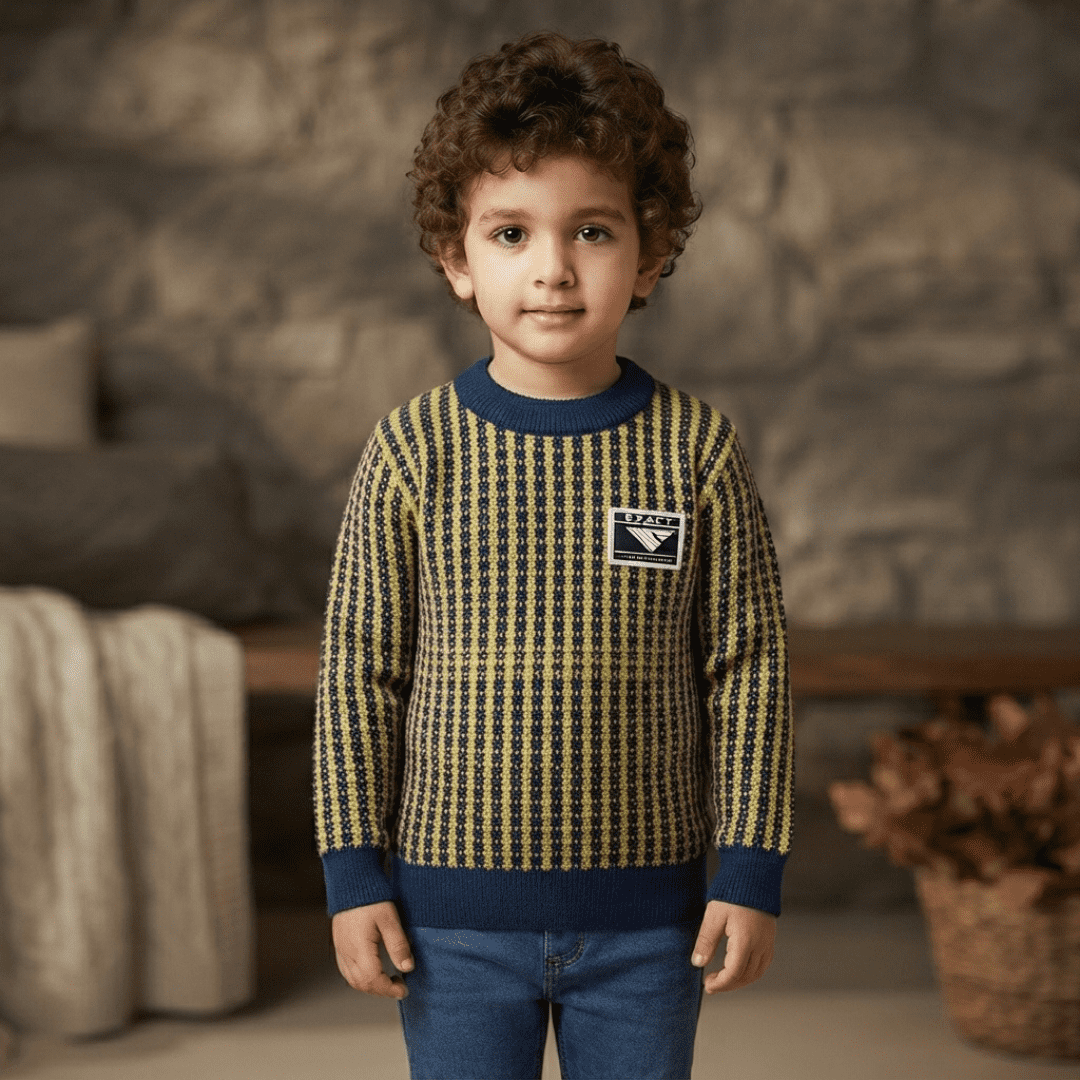 Olive Green & Navy Blue Striped Knit Sweater for Boys