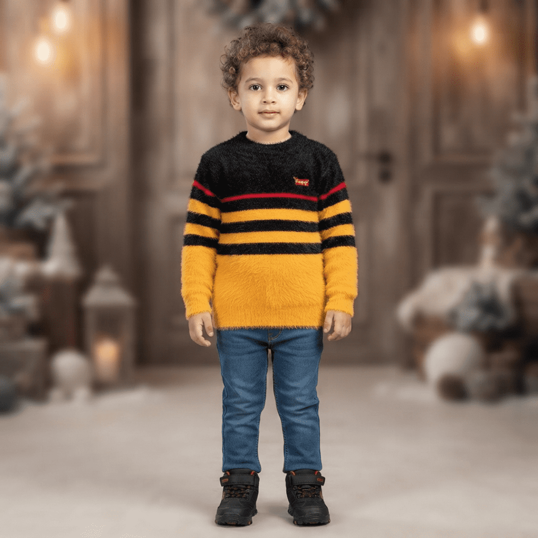 Black & Mustard Yellow Striped Winter Sweater for Boys