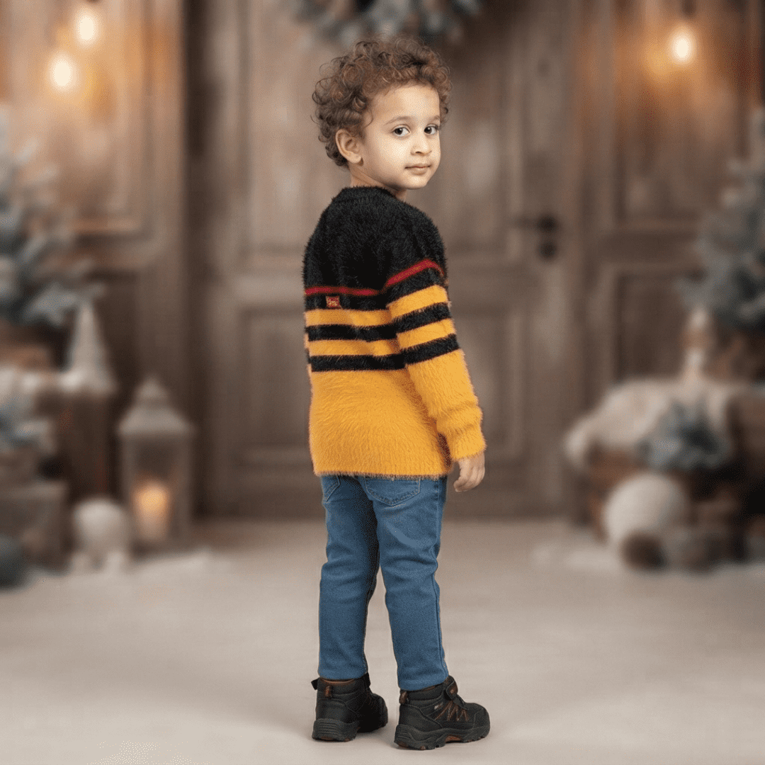 Black & Mustard Yellow Striped Winter Sweater for Boys