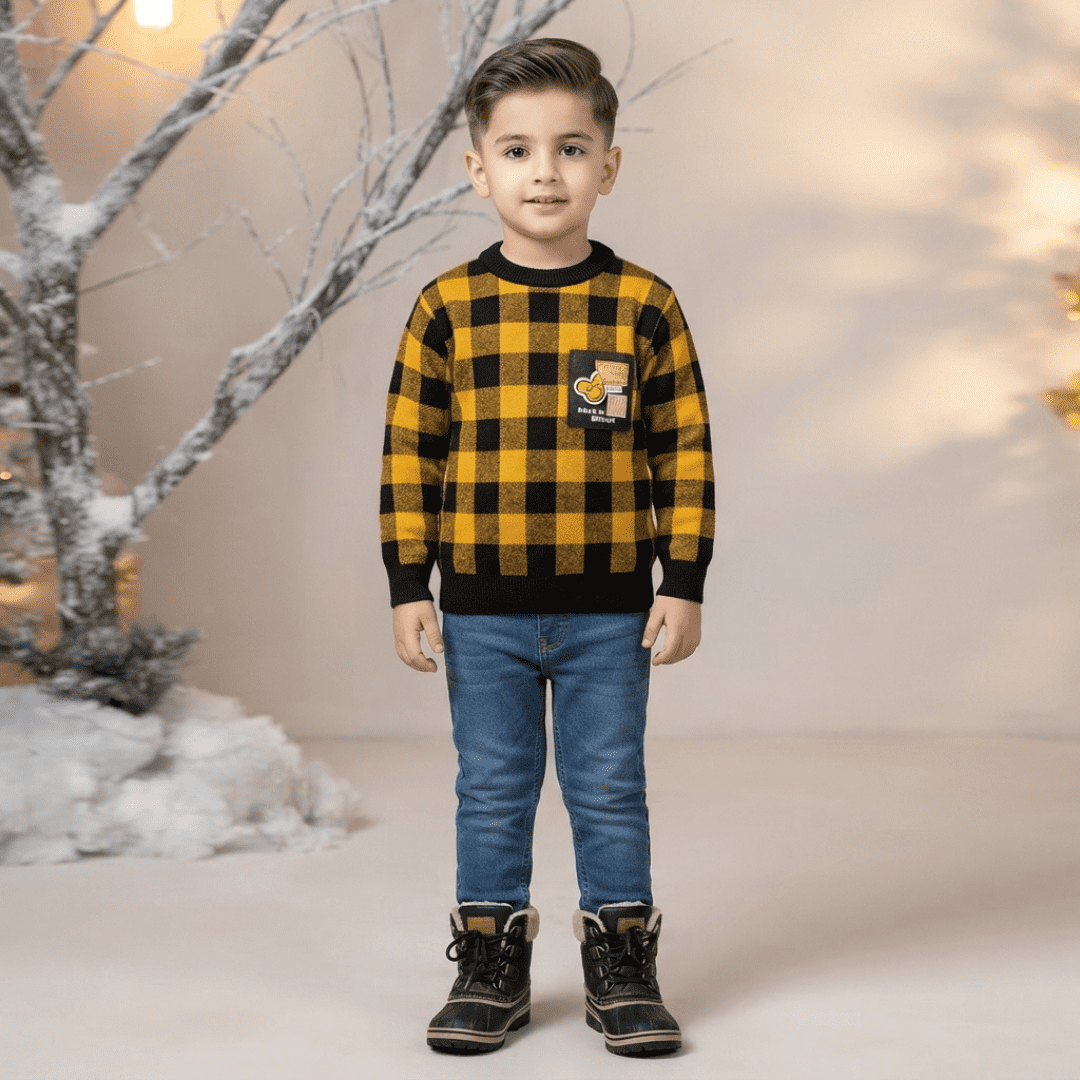 Mustard Yellow & Black Checkered Sweater for Boys