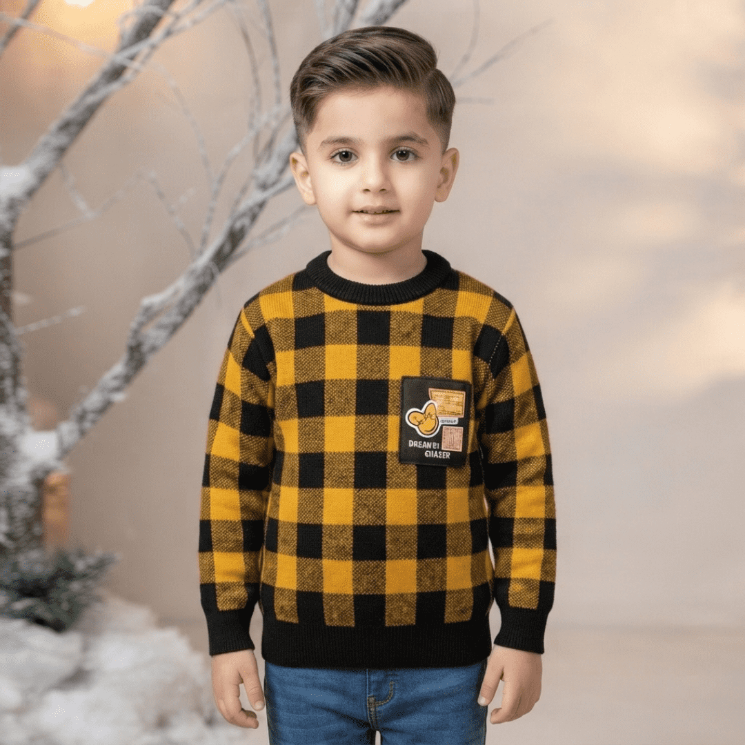 Mustard Yellow & Black Checkered Sweater for Boys