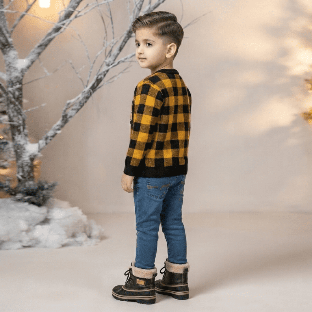 Mustard Yellow & Black Checkered Sweater for Boys