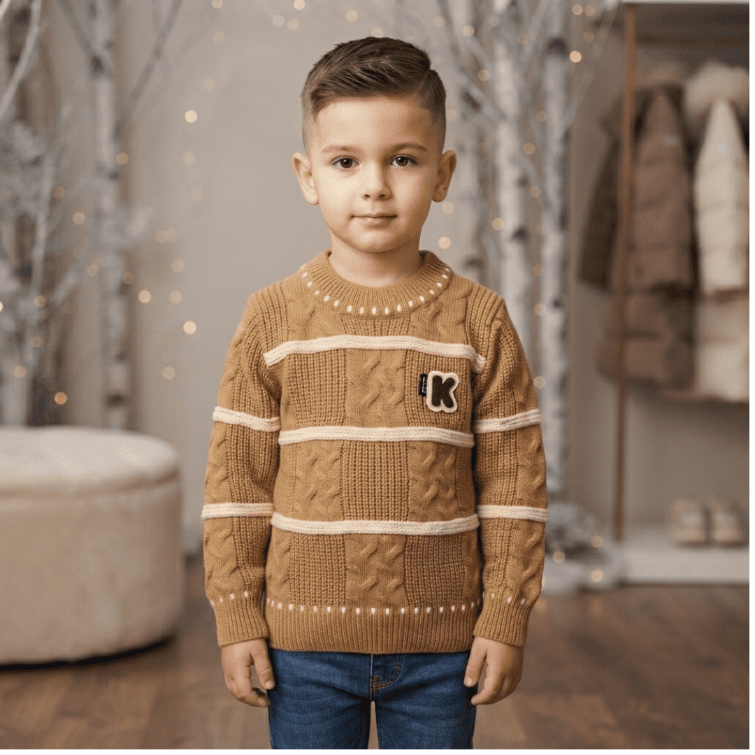 Camel Brown Cable Knit Sweater for Boys