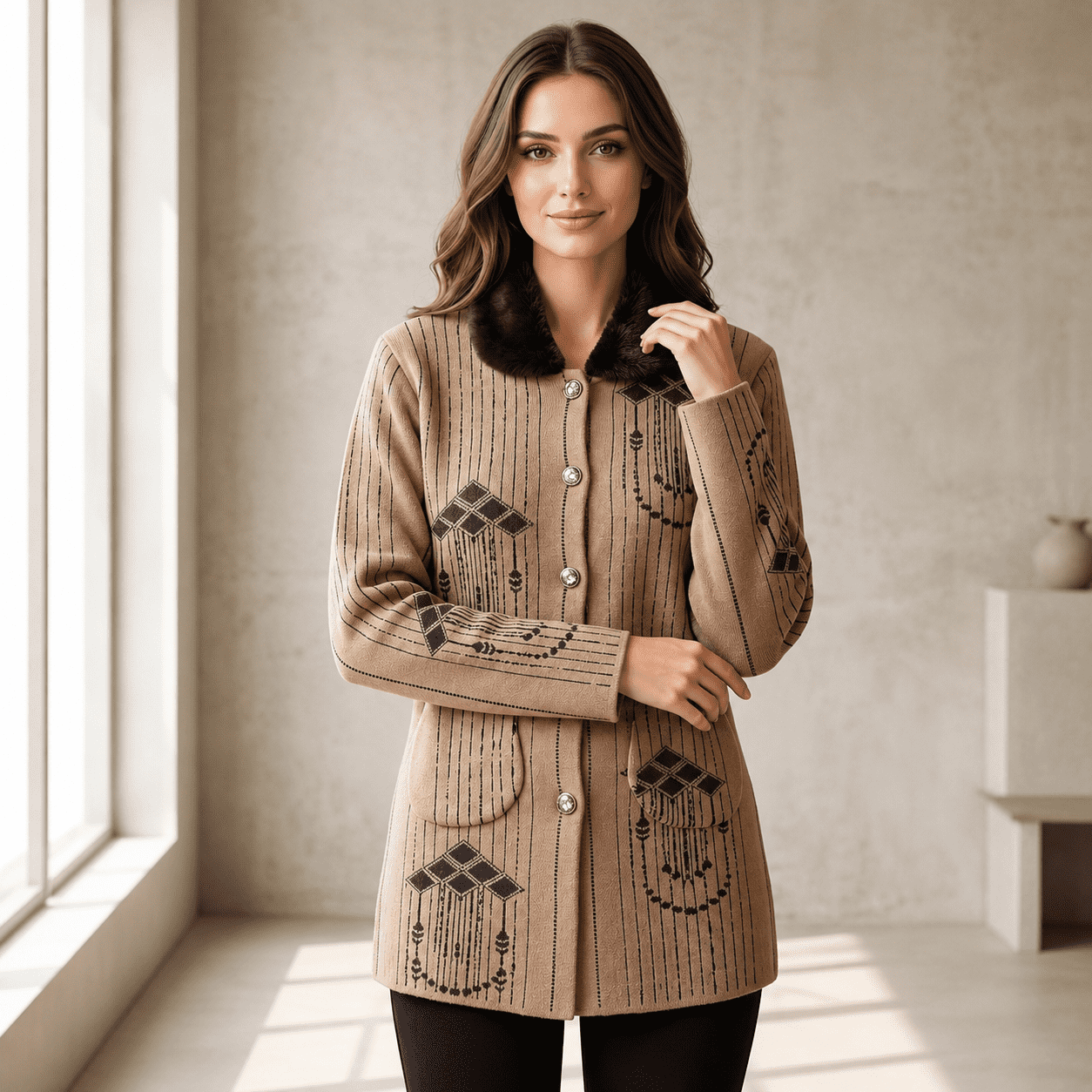 Women’s Elegant Winter Jersey Full Sleeve Button Front Warm Casual Fashion Wear
