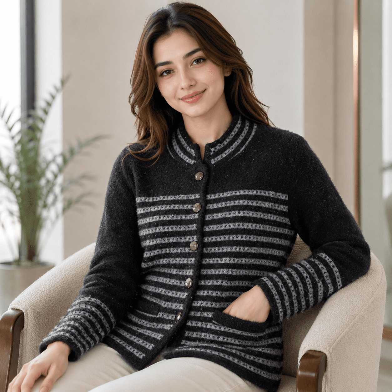 Women’s Stylish Winter Jersey Full Sleeve Button Front Warm Casual Wear