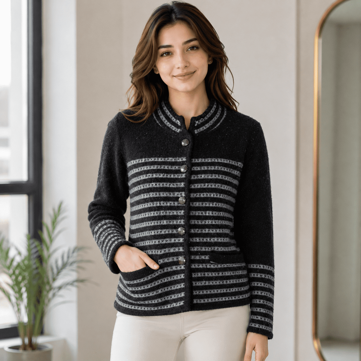Women’s Stylish Winter Jersey Full Sleeve Button Front Warm Casual Wear
