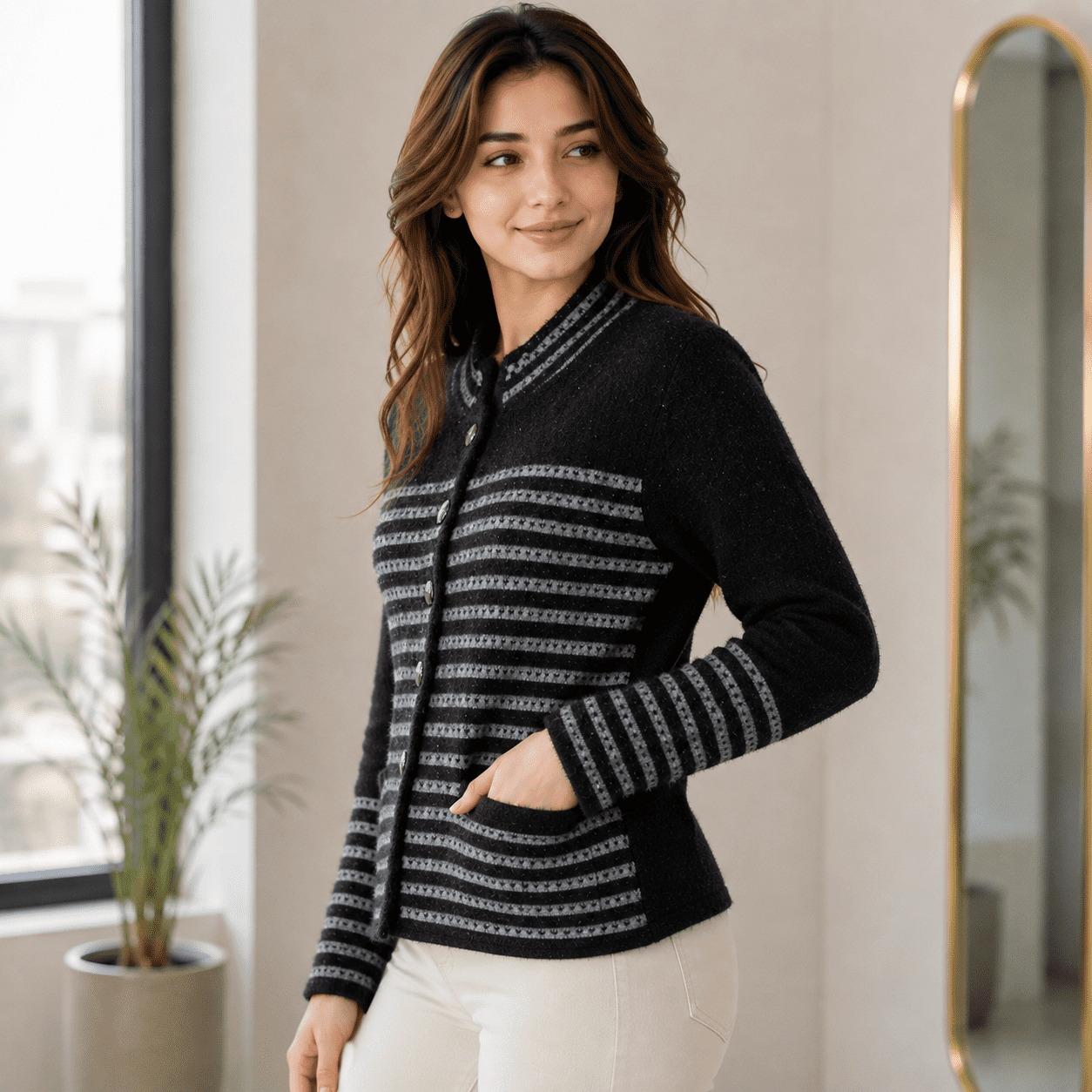 Women’s Stylish Winter Jersey Full Sleeve Button Front Warm Casual Wear