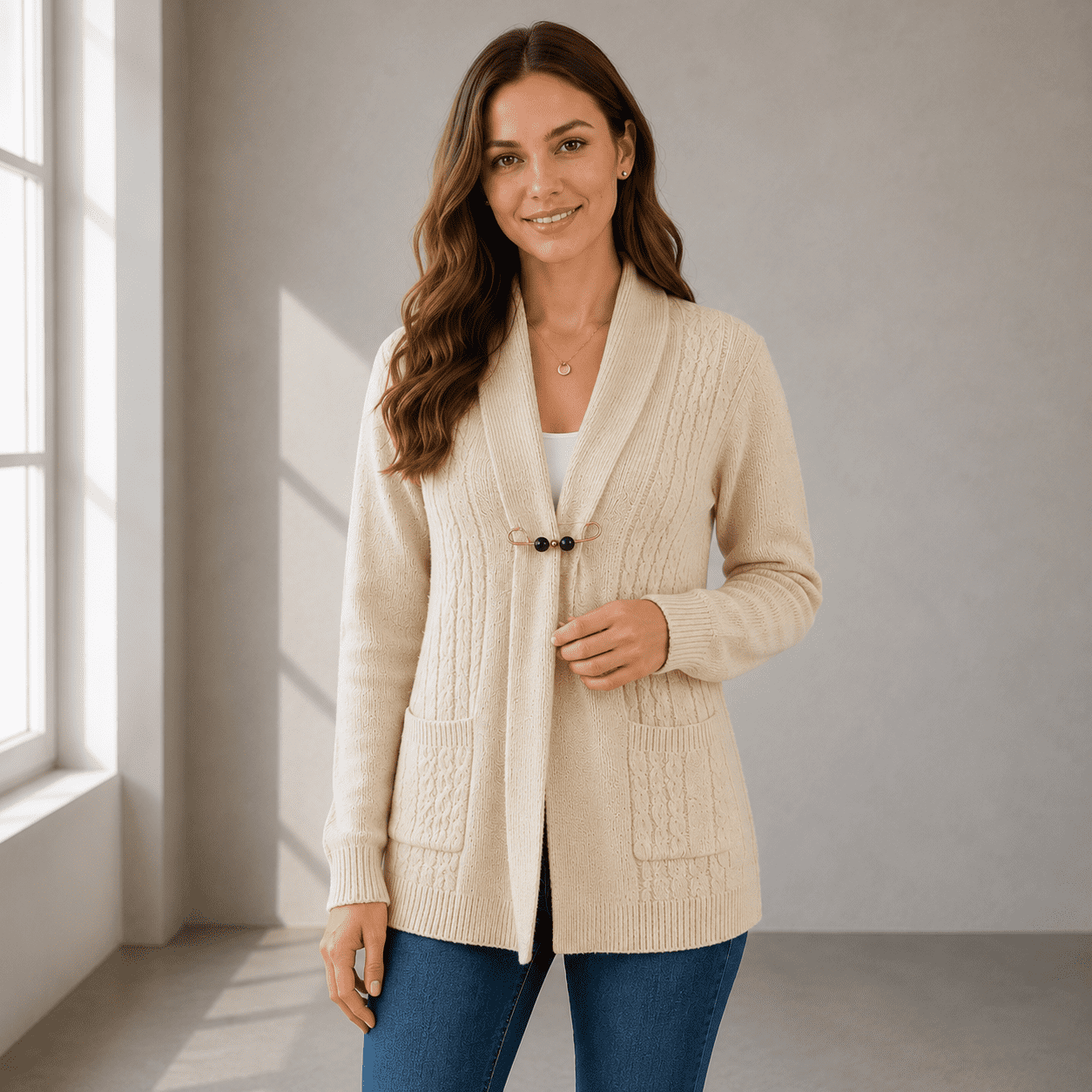 Women’s Cable Knit Shawl Collar Cardigan Jersey with Front Pockets and Long Sleeves