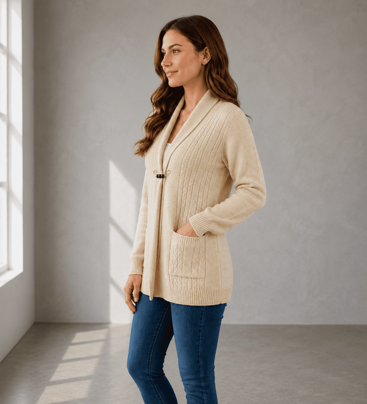Women’s Cable Knit Shawl Collar Cardigan Jersey with Front Pockets and Long Sleeves