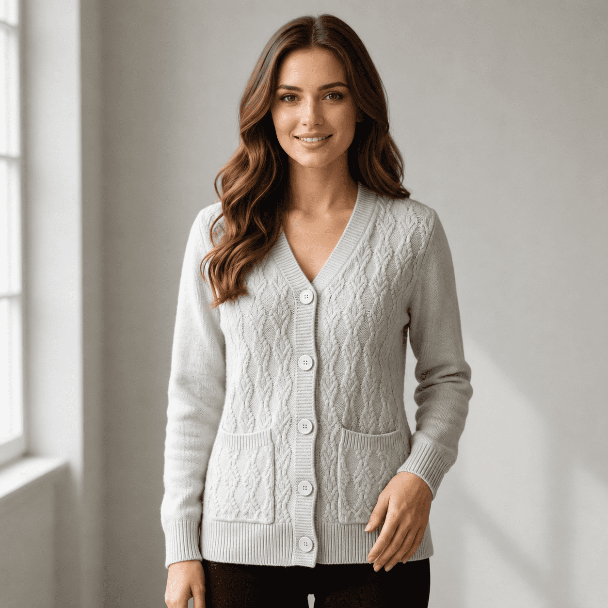 Women’s Cable Knit V-Neck Button-Down Jersey with Front Pockets and Long Sleeves