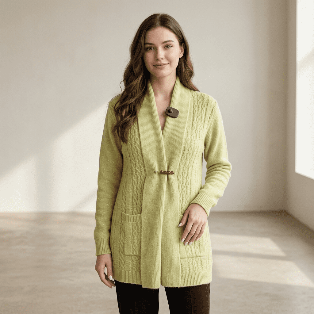 Women’s Premium Lime Green Cable Knit Cardigan | Full Sleeve Winter Jersey