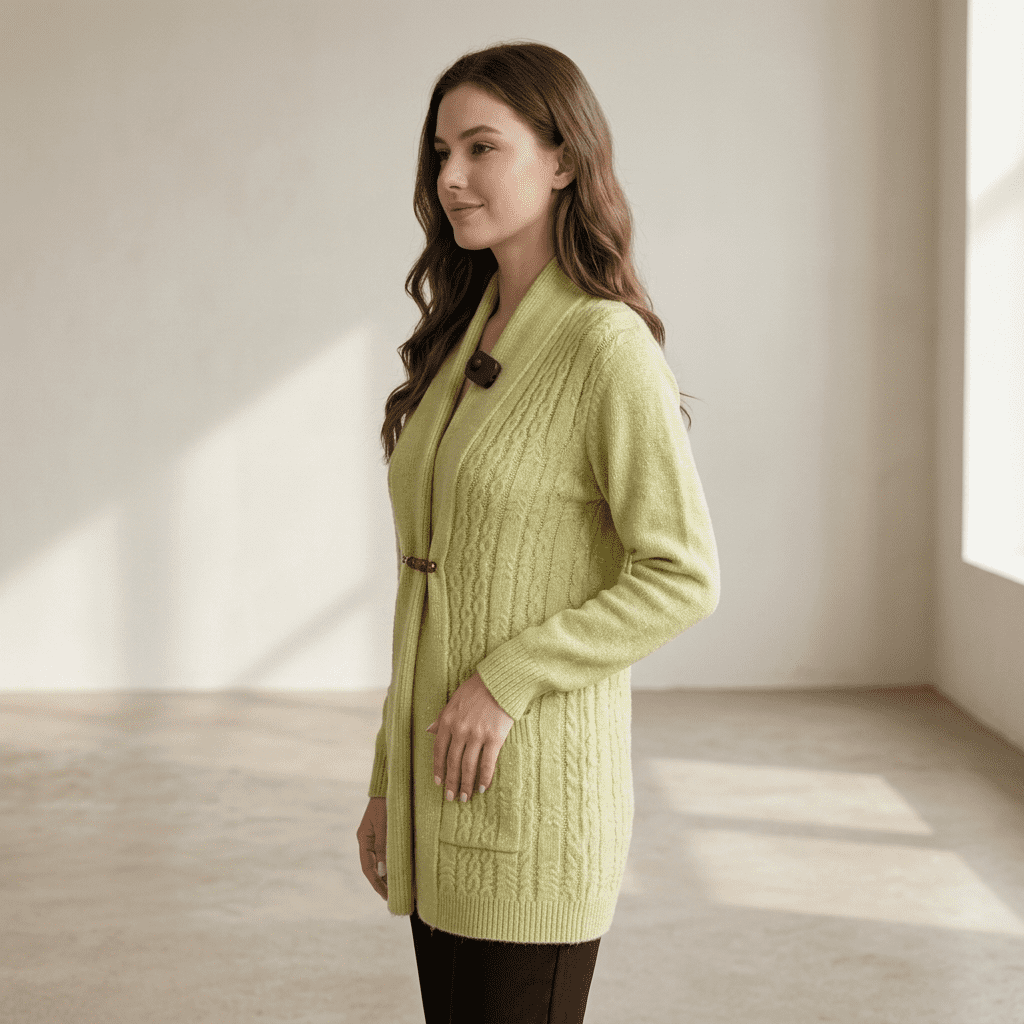 Women’s Premium Lime Green Cable Knit Cardigan | Full Sleeve Winter Jersey