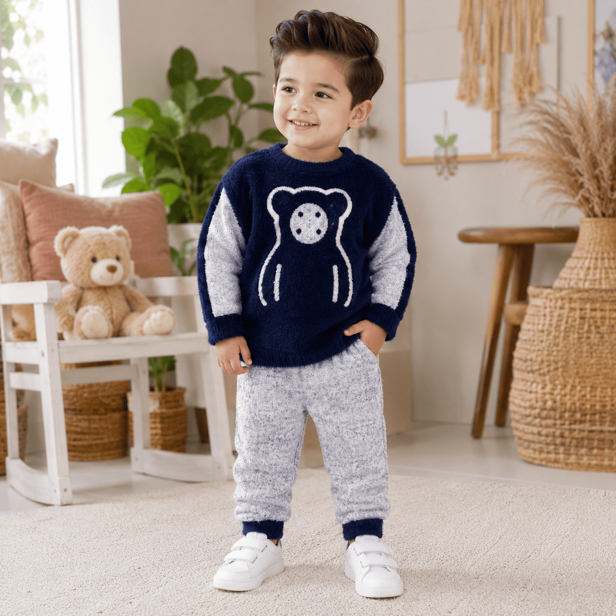 Premium Navy Blue Teddy Bear Winter Set for Boys