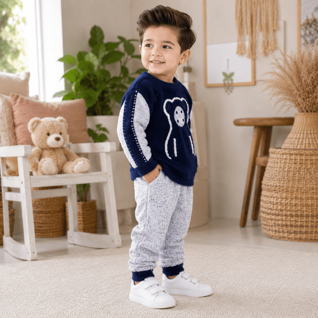 Premium Navy Blue Teddy Bear Winter Set for Boys