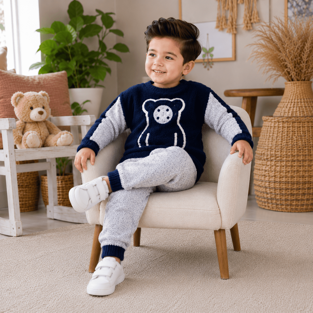 Premium Navy Blue Teddy Bear Winter Set for Boys