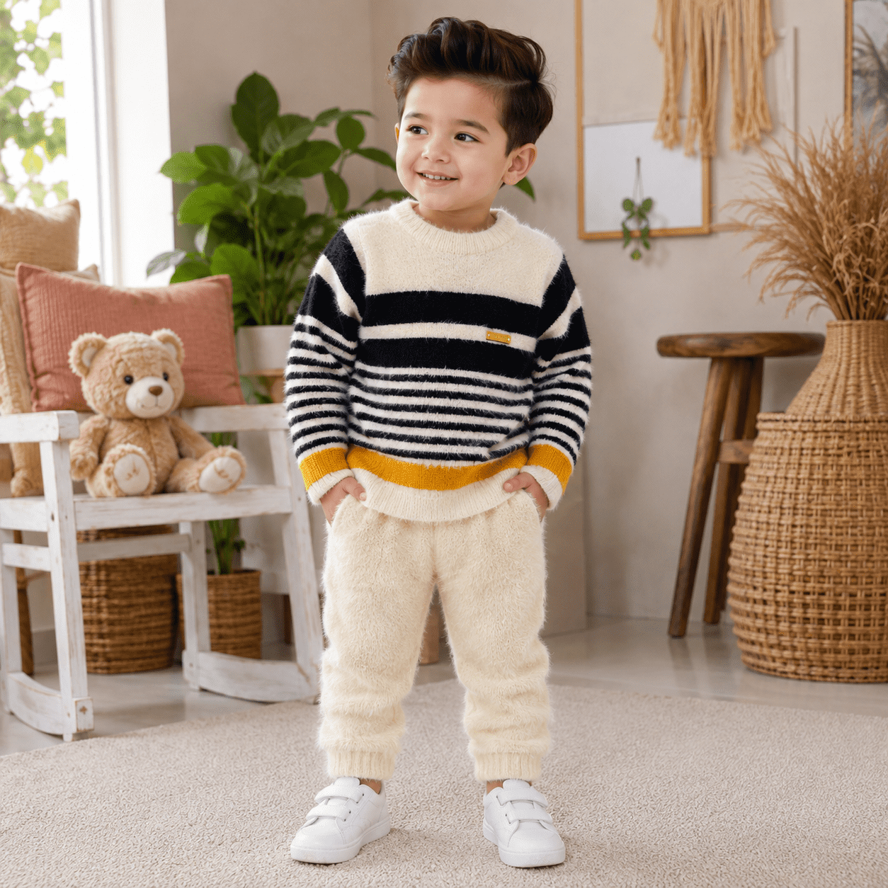 Premium Black & Cream Striped Winter Sweater Set for Boys