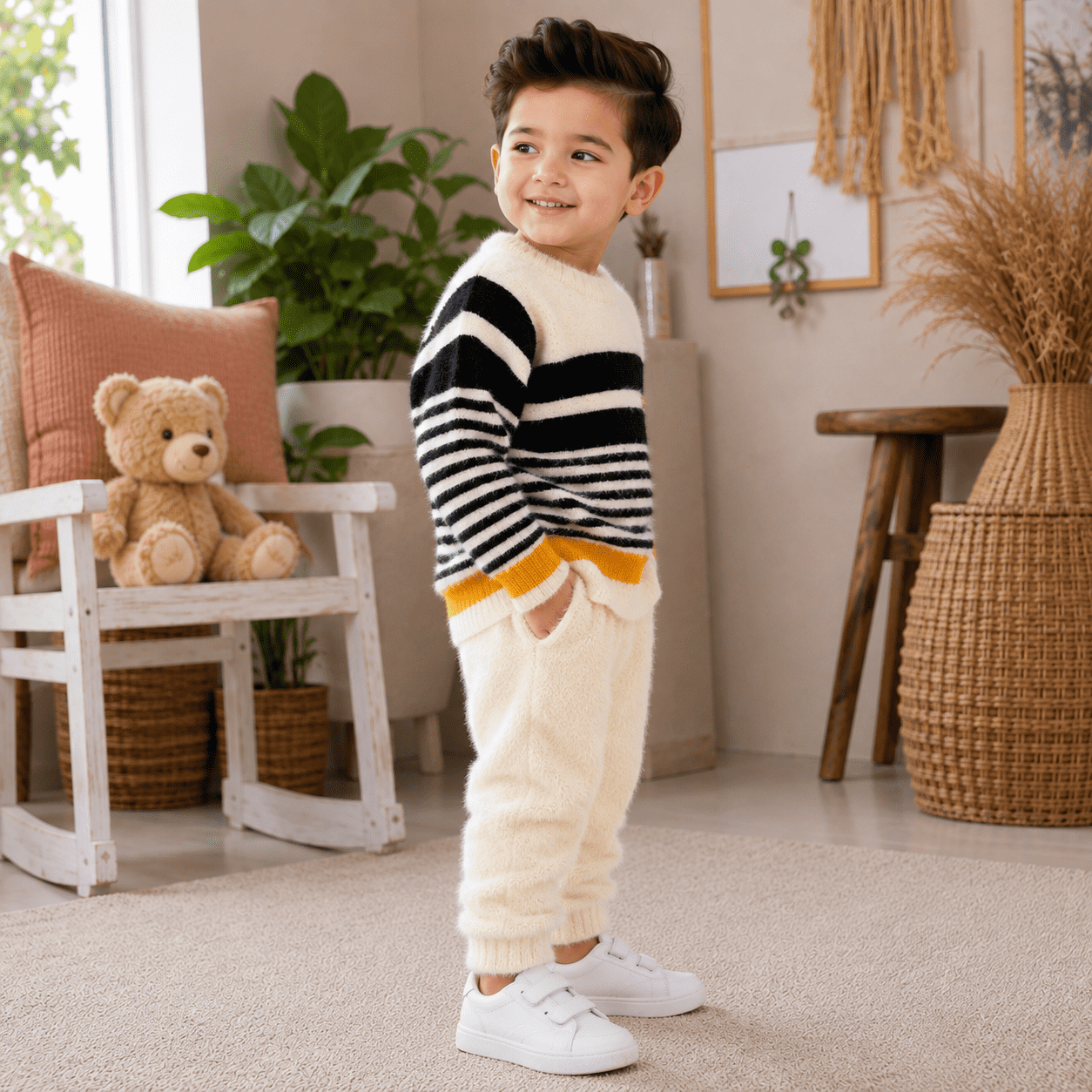 Premium Black & Cream Striped Winter Sweater Set for Boys
