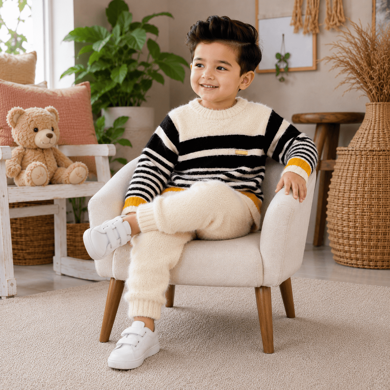 Premium Black & Cream Striped Winter Sweater Set for Boys