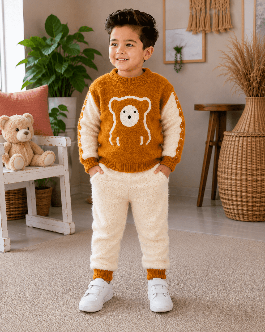 Cute Boys Winter Teddy Bear Knitwear Set